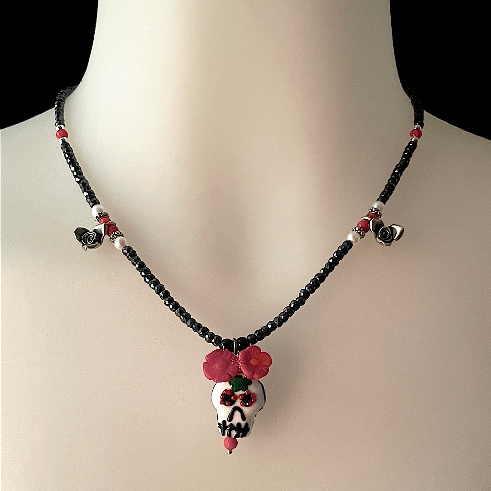 Sterling Sugar Skull Glass skull necklace with Coral and Hematite *NWT*